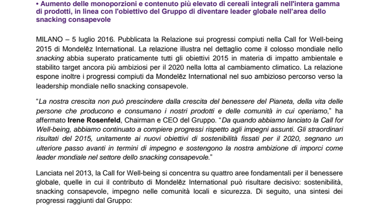 Mondelēz International supera il traguardo degli obiettivi della  Call for Well-being 2015