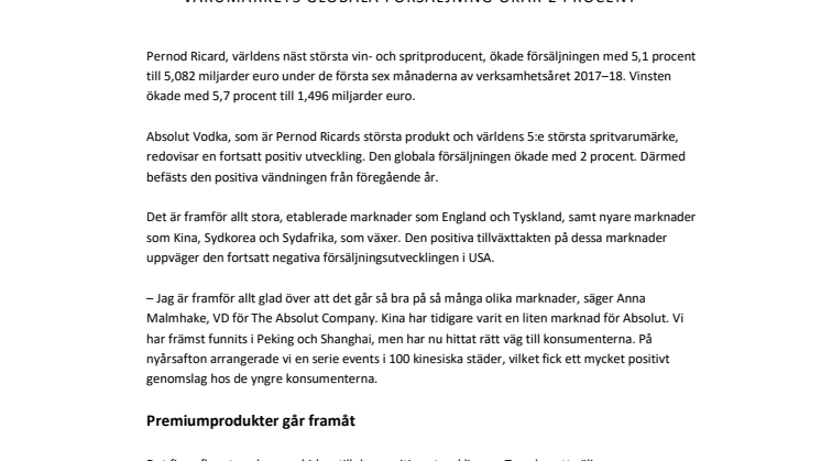 Fortsatt positiv utveckling för Absolut Vodka