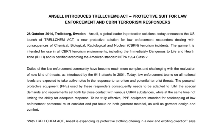 ANSELL INTRODUCES TRELLCHEM® ACT – PROTECTIVE SUIT FOR LAW ENFORCEMENT AND CBRN TERRORISM RESPONDERS