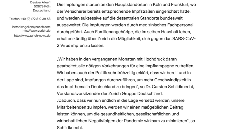 Zurich startet Impfkampagne für Mitarbeitende