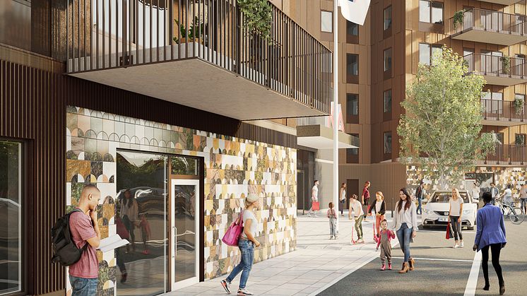 En visonsbild av Mimers nya hus med ICA butik på gatuplan. Archus Arkitekter