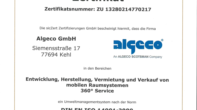 Algeco nach DIN EN ISO 14001 zertifiziert