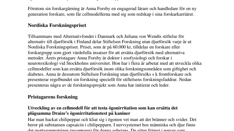 Anna Forsby, mottagare av Nordiska Forskningspriset för alternativ till djurförsök 2007
