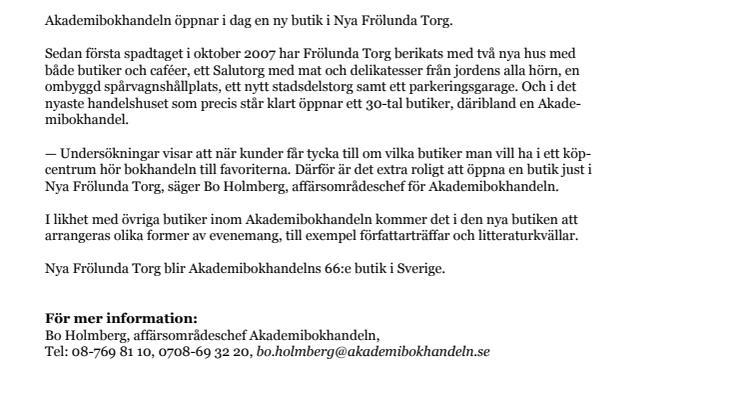 Akademibokhandeln öppnar ny butik i Nya Frölunda Torg