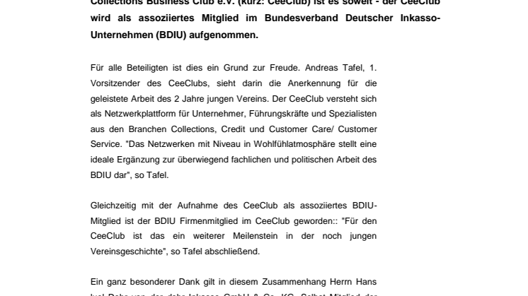 Collections Business Club e.V. wird assoziiertes Mitglied des Bundesverband Deutscher Inkasso-Unternehmen e.V.