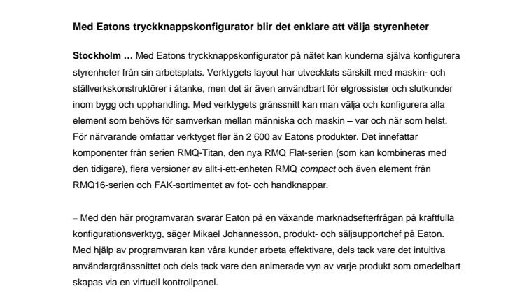 Med Eatons tryckknappskonfigurator blir det enklare att välja styrenheter 