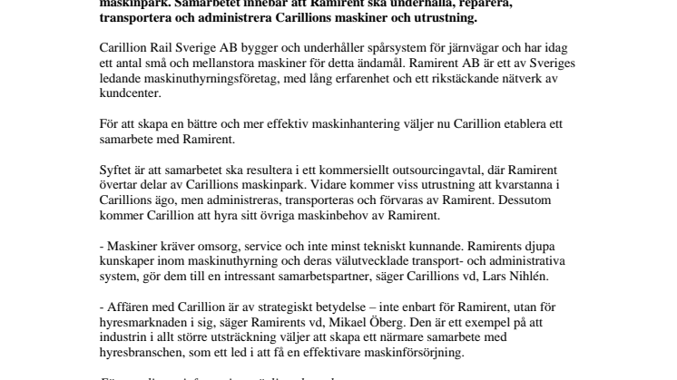 Ramirent och Carillion tecknar samarbetsavtal
