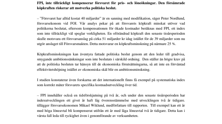 Försvarets köpkraft försämrad