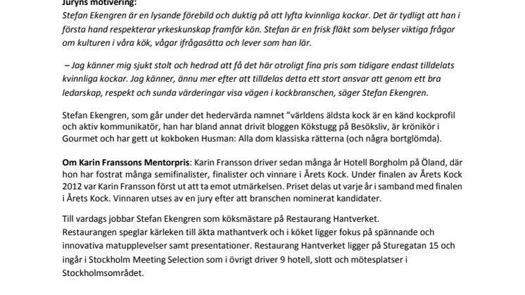 Karin Franssons Mentorpris 2018 tilldelas Stefan Ekengren