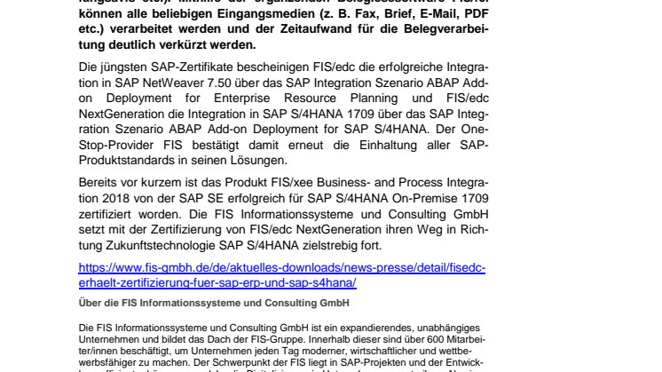 Lösung zur Dokumentenverarbeitung der FIS erhält Zertifizierung für SAP ERP und SAP S/4HANA