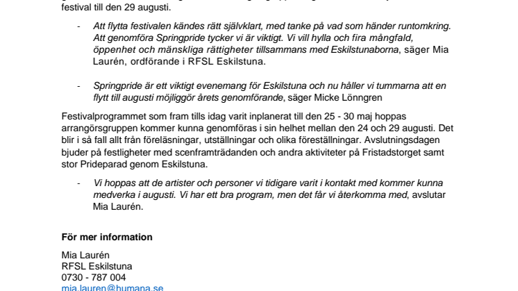 Springpride 2020 flyttas till den 29 augusti