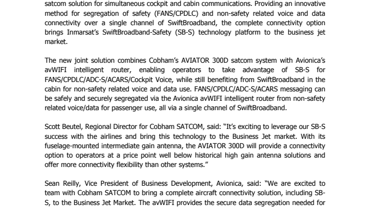 Cobham SATCOM and Avionica team to provide  Inmarsat’s SwiftBroadband-Safety to business jet market