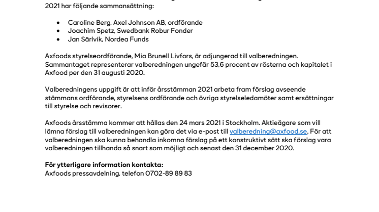 Valberedning inför Axfoods årsstämma 2021