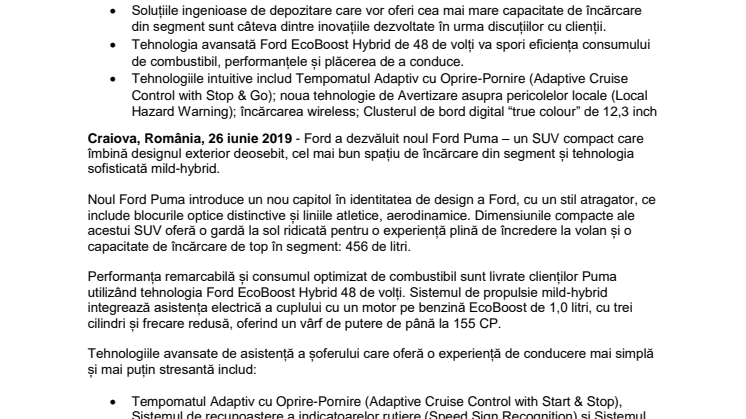 Noul SUV Ford Puma îmbină designul seducător, cea mai bună capacitate a portbagajului din segment și eficiența oferită de sistemul mild-hybrid