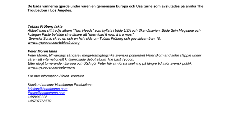 Tobias Fröberg & Peter Morén ger konsert på Södrateatern