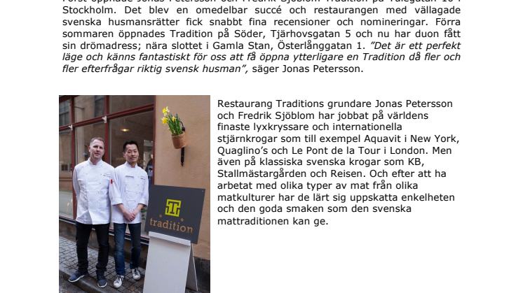 14 april öppnar Restaurang Tradition i Gamla stan