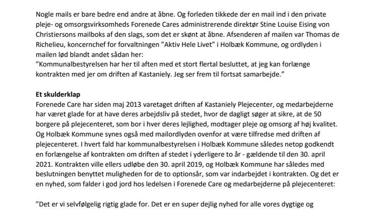 Holbæk Kommune forlænger kontrakt: Forenede Care skal fortsat drive Kastaniely Plejecenter 