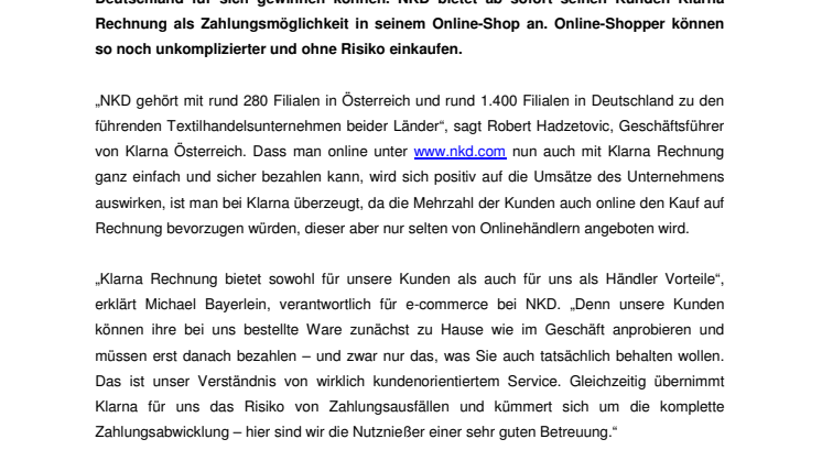 Online-Shopping bei NKD jetzt mit Klarna Rechnung