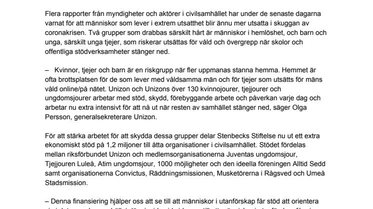 Stenbecks Stiftelse stöttar hemlösa och tjejer som utsätts för sexuell exploatering i skuggan av coronakrisen