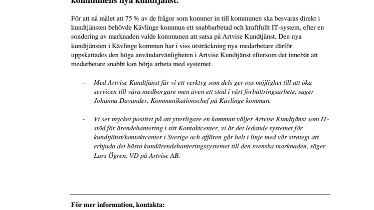 Kävlinge kommun väljer Artvise Kundtjänst!
