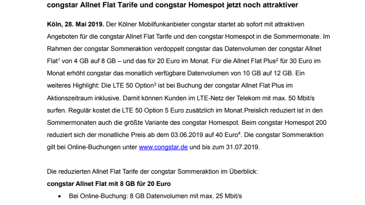 congstar Sommeraktion: Mehr Datenvolumen und reduzierte Preise