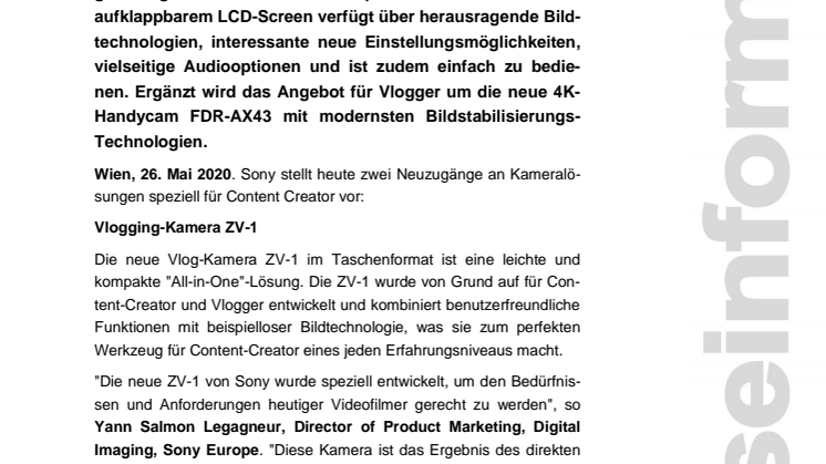 Sony erweitert sein Sortiment für Vlogger um die neue Vlog-Kamera ZV-1 und eine kompakte 4K Handycam