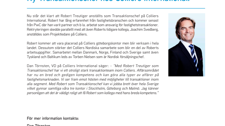 Ny transaktionschef hos Colliers International