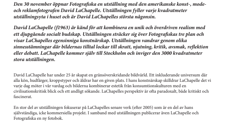 Utställningen Burning Beauty med David LaChapelle öppnar 30 november