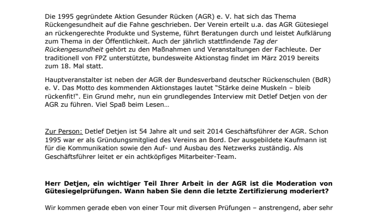 Detlef Detjen (AGR) im FPZ Interview: „Ein gesunder Rücken beginnt im Kopf“