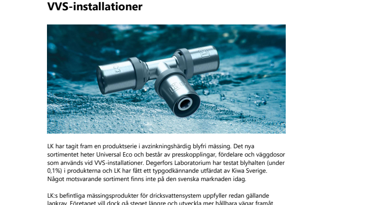 LK lanserar blyfritt sortiment för hållbara VVS-installationer