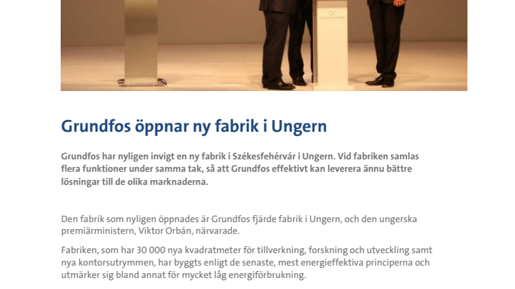 Grundfos öppnar ny fabrik i Ungern