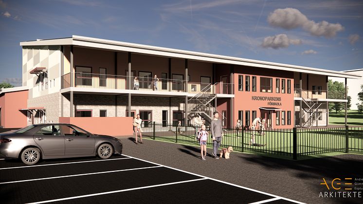 Kronoparkens förskola blir en del av Mariestad kommuns koncept ElectriVillage och energiförsörjningen baseras på sol-el, vätgas och bergvärme. Illustration: Andrén Glimmervik Esplund Arkitekter AB