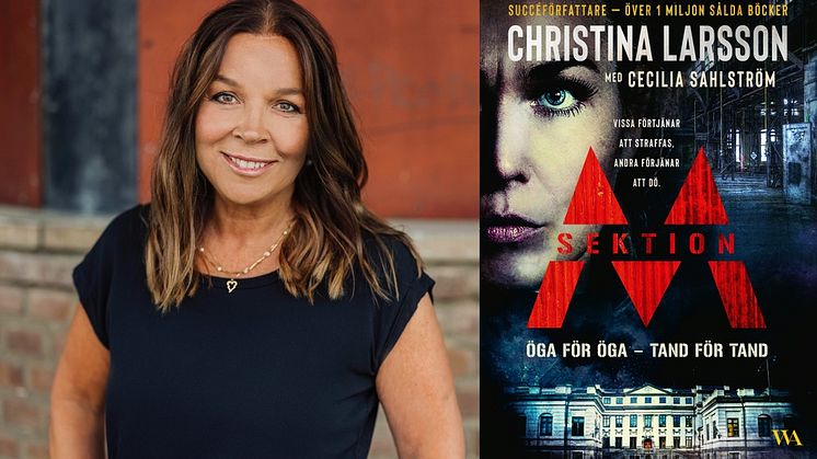 Till vänster: Christina Larsson (fotograf Lisa Wikstrand). Till höger: pappersboksomslaget av Öga för öga, tand för tand.