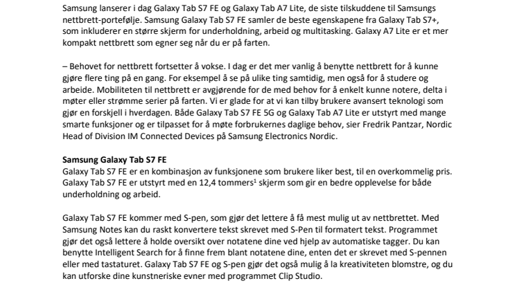 De nyeste medlemmene av Samsung Galaxy Tab-familien: Galaxy Tab S7 FE og Galaxy Tab A7 Lite
