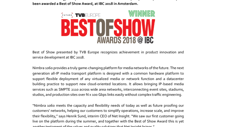 Net Insight’s Nimbra 1060 Wins TVB Europe’s Best of Show Award