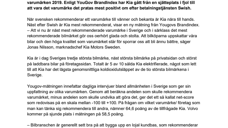Kia är Sveriges näst mest rekommenderade varumärke