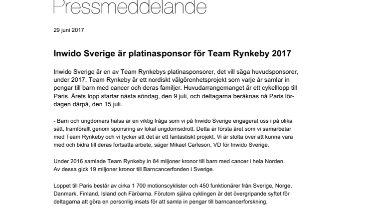 Inwido Sverige är platinasponsor för Team Rynkeby 2017