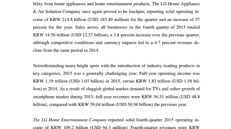 LG ANNOUNCES FOURTH-QUARTER AND FULL-YEAR 2015 FINANCIAL RESULTS 