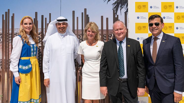 From Left: Soprano singer Hannah Holgersson, Najeeb Mohammed Al-Ali, Executive Director, Expo 2020 Dubai Bureau, Minister for Foreign Trade Anna Hallberg, Commissioner General Anders Lönnberg and H.E. Ambassador Henrik Landerholm