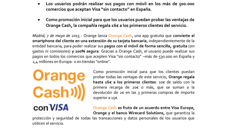 Orange y Visa lanzan Orange Cash, la nueva apuesta de la operadora por servicios financieros desde el móvil