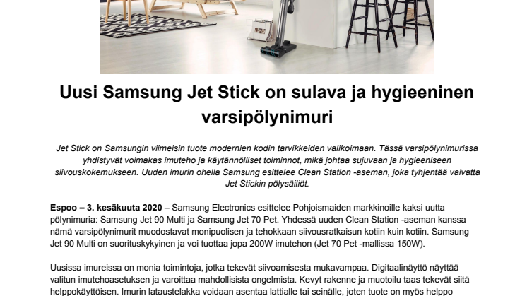 Uusi Samsung Jet Stick on sulava ja hygieeninen varsipölynimuri