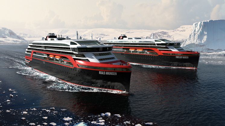 TIL NORSKEKYSTEN: MS Roald Amundsen og MS Fridtjof Nansen blir verdens første hybriddrevne ekspedisjonscruiseskip. Sommeren 2019 skal begge seile langs norskekysten. Foto: HURTIGRUTEN
