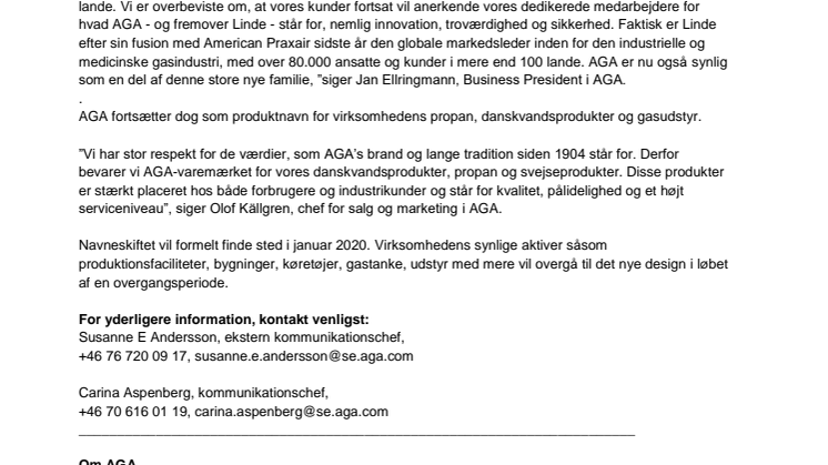 ​AGA skifter navn til Linde i januar 2020