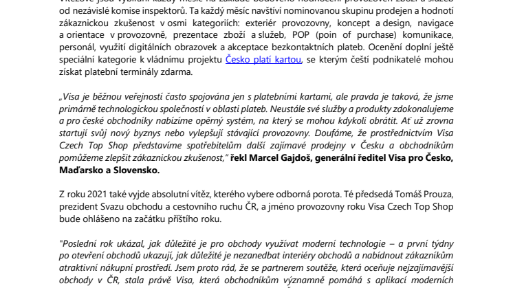 Visa se stává partnerem soutěže Czech Top Shop 