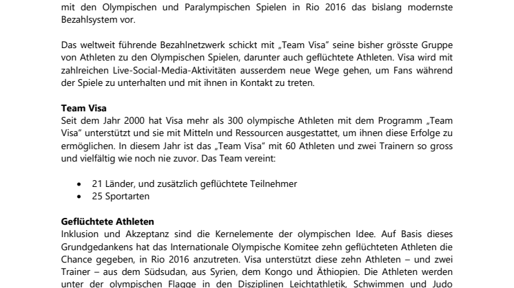 Visa feiert 30 Jahre olympische Partnerschaft mit neuen Wearables und einem starken „Team Visa“ in Rio 2016