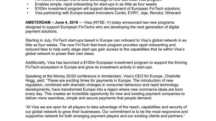 Visa avaa Fast-Track kanavan verkostoonsa ja julkistaa 100 miljoonaan dollarin investoinnin eurooppalaisiin Fintech-yrityksiin