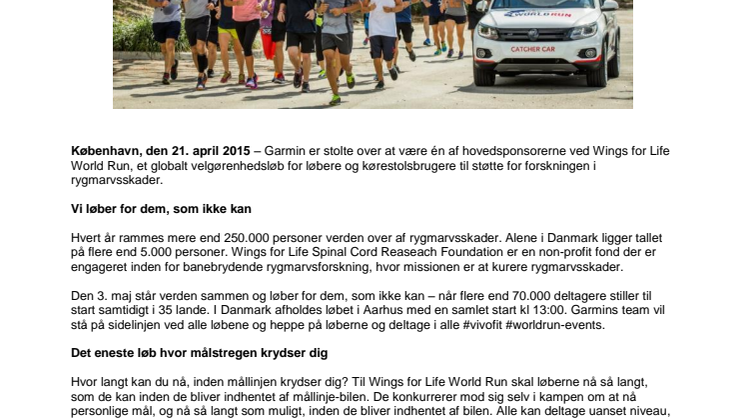 Garmin er partner ved årets Wings for Life World Run