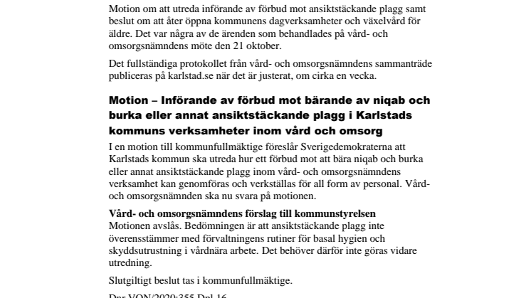 Vård- och omsorgsnämndens beslut i korthet den 21 oktober