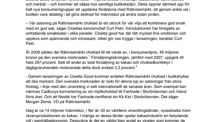 Cloetta lanserar Rättvisemärkt chokladkaka