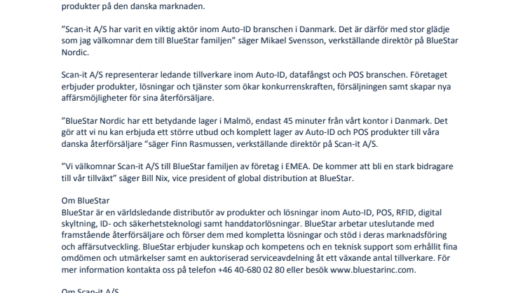 BlueStar Nordic förvärvar Scan-it A/S i Danmark